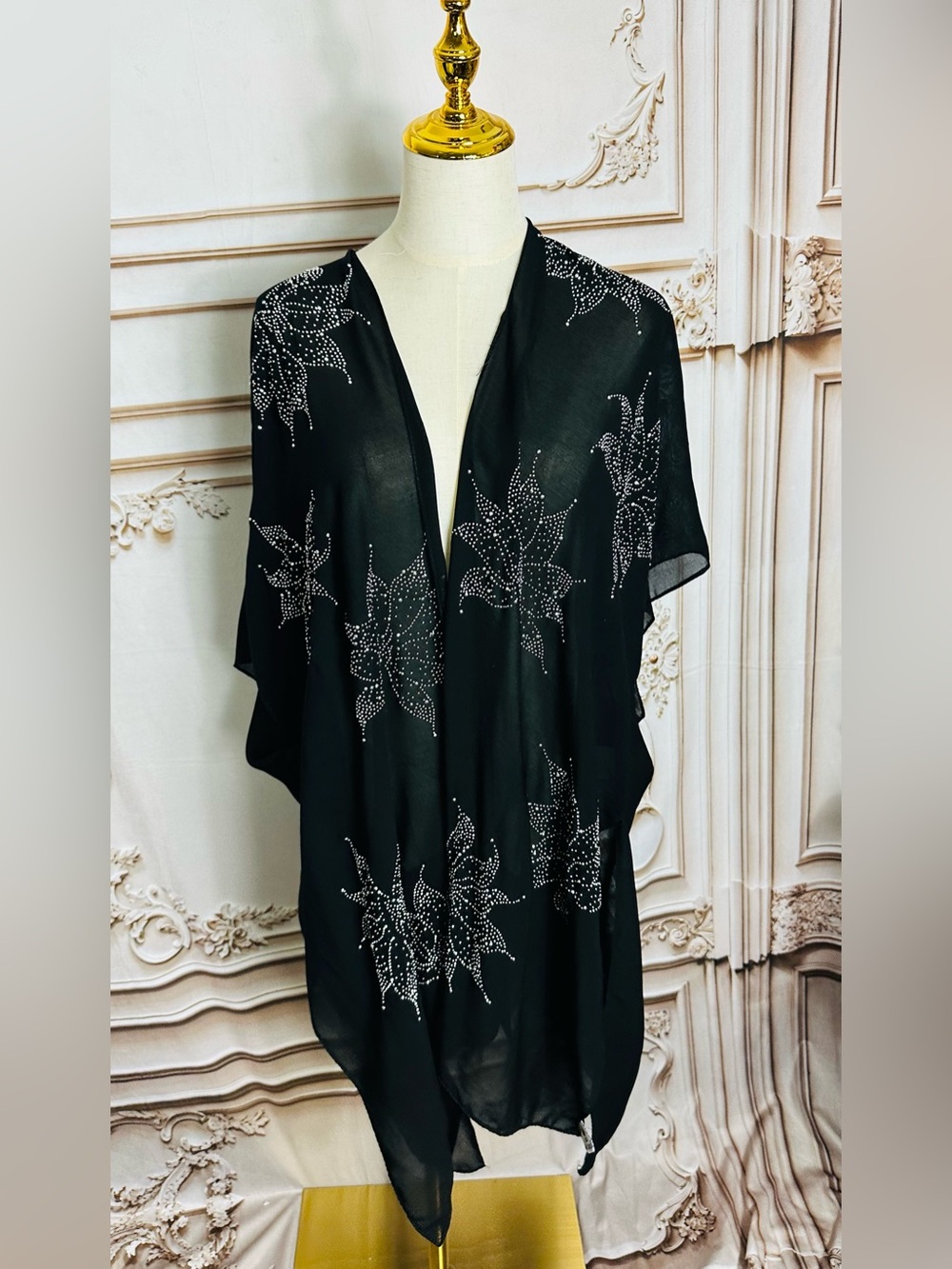 Black Beaded Floral Kimono Cover-Up